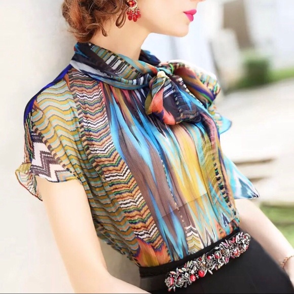 Multi-Coloured Chiffon Bow Tie Blouse - Picture 2 of 4